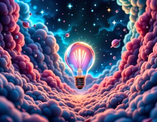 Glowing Light Bulb Floating Cosmic Nebula Scene