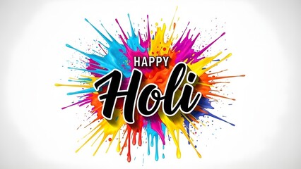 Happy Holi Colorful Typography with Vibrant Powder Explosion on White Background &ndash; Indian Festival of Colors Celebration Banner Design