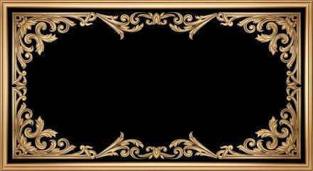 Luxury Ornate Gold Frame with Baroque Filigree on Black Background