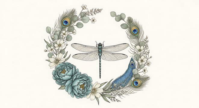 Vintage dragonfly illustration in a floral wreath with peacock feathers, symbolic of transformation, grace, and spiritual growth.
