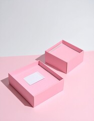 Open and closed pink realistic cardboard box with paper and a sticker on a light background. The concept of business gifts. Mock up. 