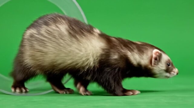 A domestic ferret with dark brown and cream fur walks across a vibrant green background in a studio setting, captured in profile.