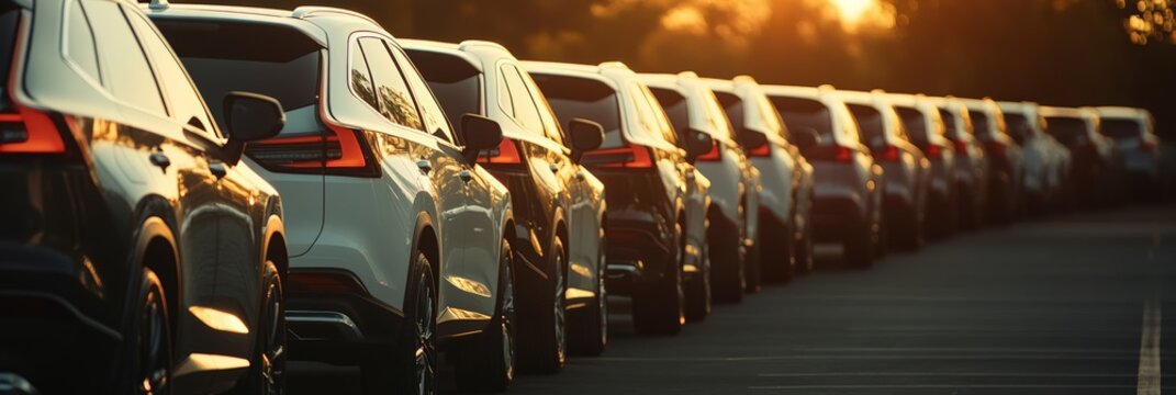 Many identical brand new cars parked in a row during sunset golden hour at a car dealership or automotive manufacturing plant parking lot waiting to be delivered or sold