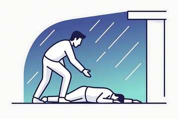 Dramatic scene of a man helping a person lying on the ground under heavy rain at night.