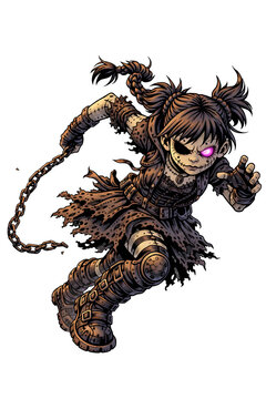 D&uuml;stere Fantasy Kriegerin mit Z&ouml;pfen Ketten und leuchtenden violetten Augen in dynamischer Kampfpose