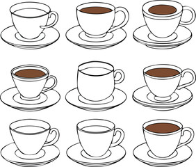 Obraz premium Produce a thin black outline collection of coffee mugs, teacups, and saucers