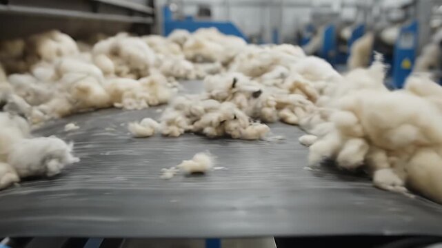 Wool Processing Production Conveyor Belt at Textile Factory Industrial Fabric Manufacturing Raw