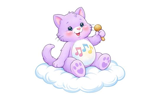 Lila K&auml;tzchen mit Rassel auf einer Wolke im zauberhaften Kawaii Stil