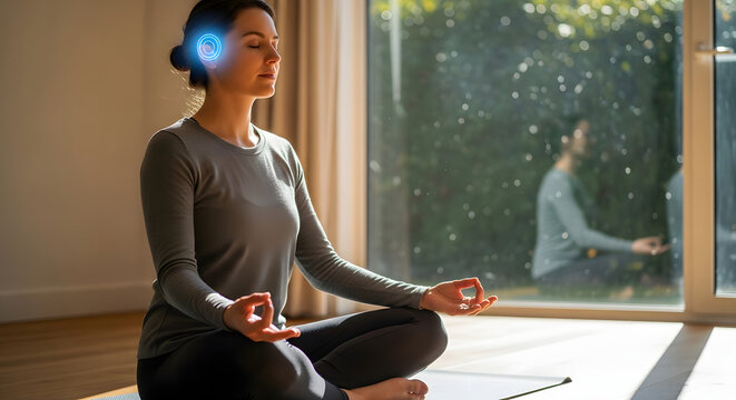 Young woman practicing yoga and meditation in sunny living room with glowing blue brain interface or hearing aid symbol representing mindfulness mental health neurotechnology biofeedback wellness