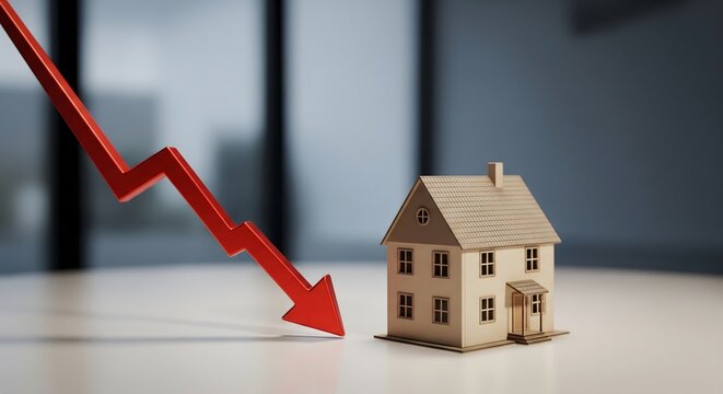 Declining housing market concept with a miniature house and a red downward arrow.