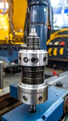 A close-up of a metal machine part in an industrial setting