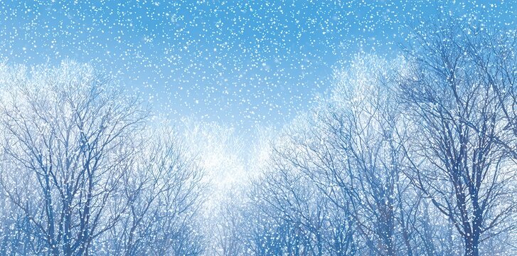 Paisaje invernal panor&aacute;mico con &aacute;rboles cubiertos de escarcha bajo un cielo azul despejado mientras cae nieve suavemente en el bosque.