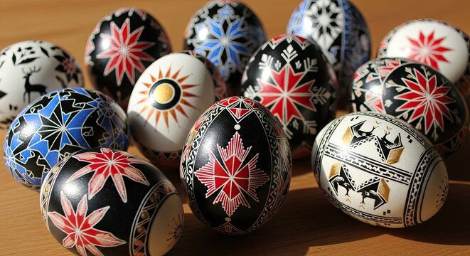 Decorative ukrainian easter eggs on wooden surface
