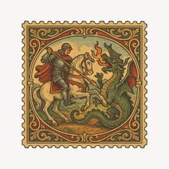 Obraz premium Medieval knight battles dragon