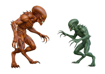 Fototapeta premium Two alien creatures facing each other with a menacing posture and eerie atmosphere isolated on transparent background