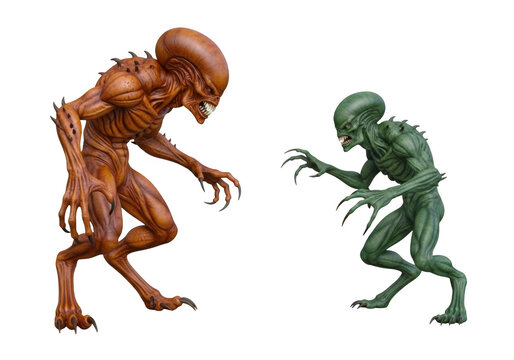 Two alien creatures facing each other with a menacing posture and eerie atmosphere isolated on transparent background
