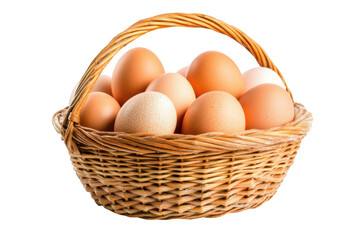 A wicker basket filled with assorted brown eggs on a rustic table setting with natural light shining through isolated on transparent background