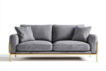 Fototapeta premium Modern Gray Sofa with Gold Legs in Minimalist White Room Interior