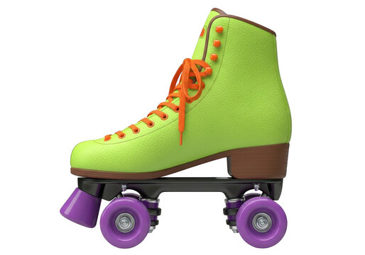 Vibrant green roller skate with orange laces and purple wheels on black frame isolated on transparent background