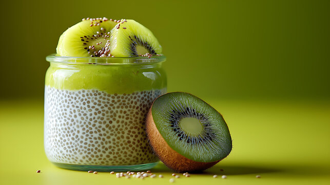 Healthy Chia Pudding with Kiwi and Fresh Fruit in Breakfast Jar: Vegan Snack and Plant-Based Superfood for Wellness Lifestyle