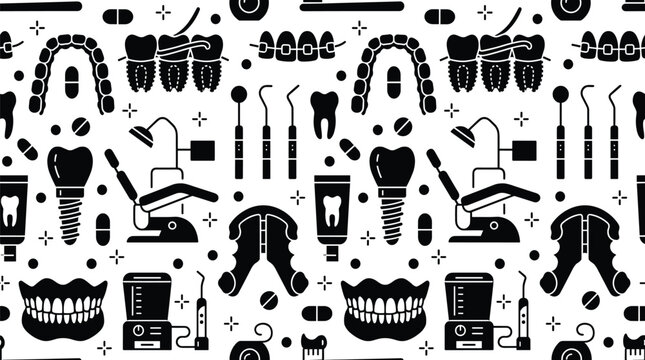Dental care seamless pattern with dentist equipment dental tools braces and oral hygiene