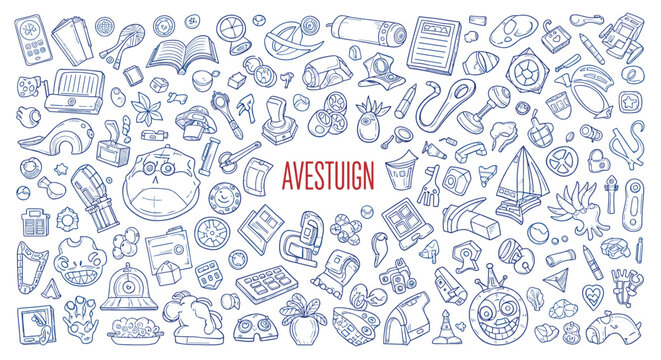 Extensive Collection of Hand- Drawn Doodle Icons and Objects on White Background drawing