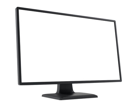Contemporary black computer monitor with empty screen on stand, isolated on transparent background
