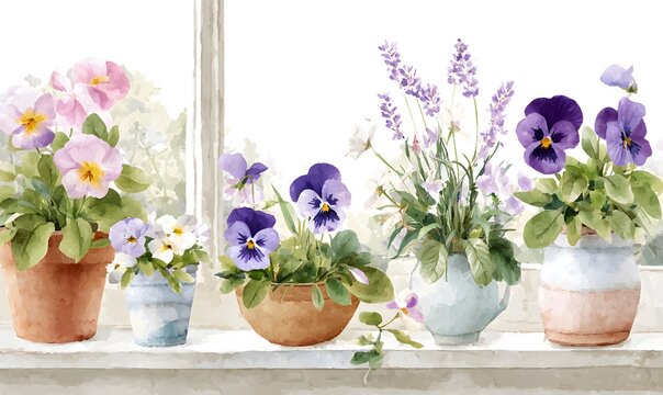 Clipart featuring spring flowers windowsill watercolor clipart, delicate pansies, lavender, violets, and white blossoms in ceramic and terracotta pots