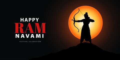 Ram Navami Celebration festival Banner, poster: A silhouette of a Rama figure, bow and arrow in hand, stands before a radiant sun, Happy RamNavami 
