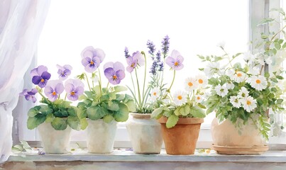 Clipart featuring spring flowers windowsill watercolor clipart, delicate pansies, lavender, violets, and white blossoms in ceramic and terracotta pots