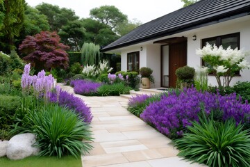 Fototapeta premium Modern home garden with stone pathway and purple flowers