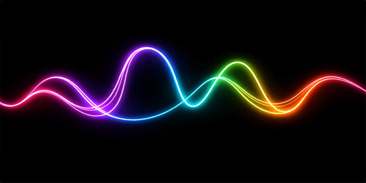 Abstract colorful wave design with glowing neon lines and dynamic fractal motion creates a bright rainbow light effect on a black wallpaper backdrop