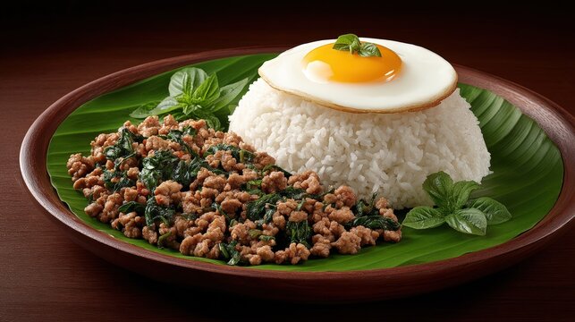 High-angle image of Thai basil pork stir-fry (pad krapow moo) served in a banana leaf wrap with fried egg and rice, natural window light, aromatic herb accents