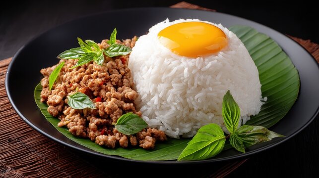 High-angle image of Thai basil pork stir-fry (pad krapow moo) served in a banana leaf wrap with fried egg and rice, natural window light, aromatic herb accents