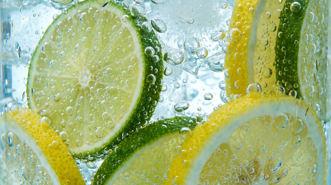 Refreshing citrus drink with bubbles, lemon and lime slices