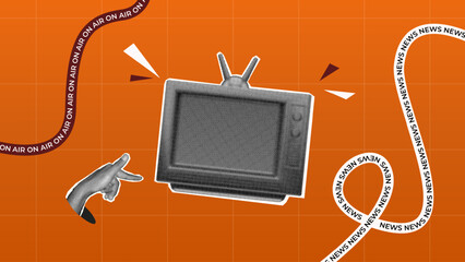 halftone collage, hand gesture, Retro TV with On Air and news text on orange background, for live broadcast, breaking news, media coverage, tv update news