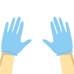 Fototapeta premium Flat vector of hands wearing blue protective gloves, symbolizing virus and bacteria protection, hygiene, and safety, isolated on a white background. 