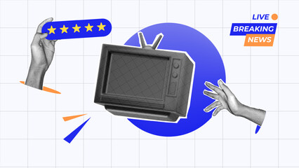 halftone collage, live breaking news tv , with retro tv, hand gesture, and five-star rating for tv on white grid background. for media tv, and content rating program 