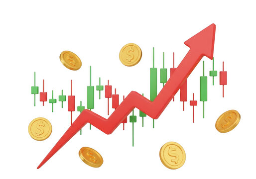 Red arrow graph showing upward trend over stock market candlestick chart with falling gold coin isolated on transparent background