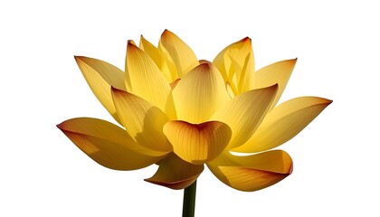 Stunning close up of a radiant yellow lotus flower displaying delicate petals with subtly highlighted reddish-orange edges isolated against a pure white background perfect for design.