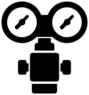 Black filled icon representing a dual gauge gas regulator with two circular pressure meters and control knobs symbolizing industrial equipment and control systems on a clean white