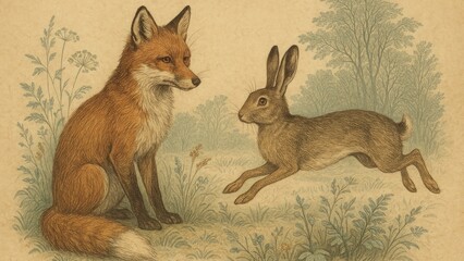 Fototapeta premium Vintage fox hare nature desktop wallpaper