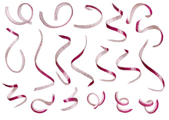Red onion slices cut into ribbon shape set isolated on white background, close-up