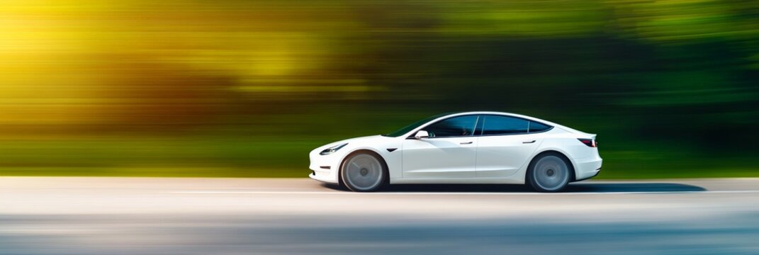 Side view of a generic white electric car driving fast on a scenic country road with motion blur in the background, suggesting speed and efficiency