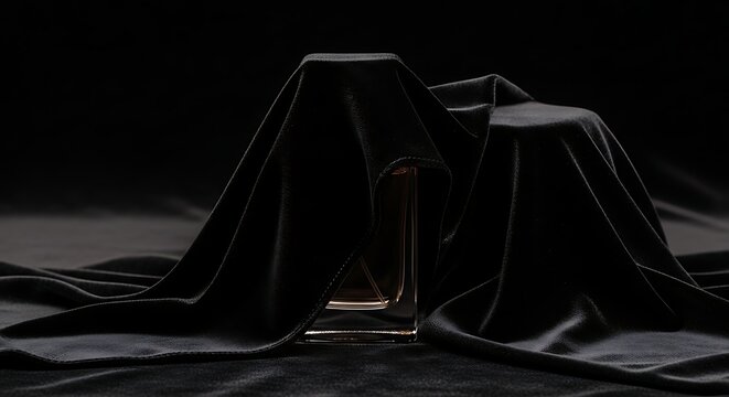 Mysterious black perfume bottle covered with fabric