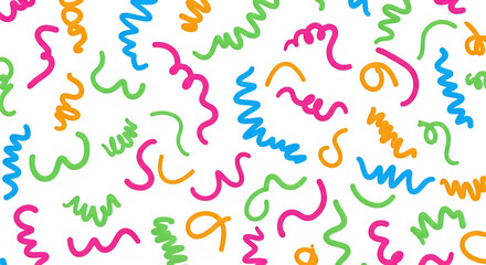 Colorful squiggles in pink, green, blue, and orange isolated on transparent background
