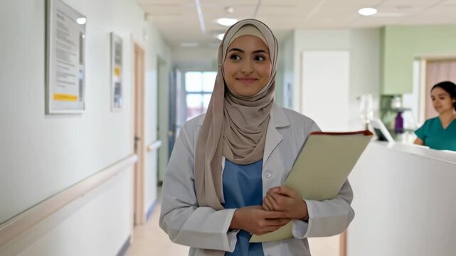 Young Muslim female medical professional in a hijab holding documents, greeting a colleague in a hospital hallway