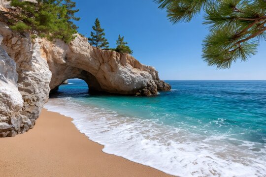 Alonaki beach natural rock arch in Epirus Greece