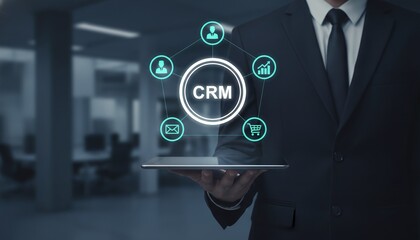 CRM, Customer Relationship Management, Business, Technology, Digital, Data, Management interface held by a businessman on a tablet for professional sales automation and growth.