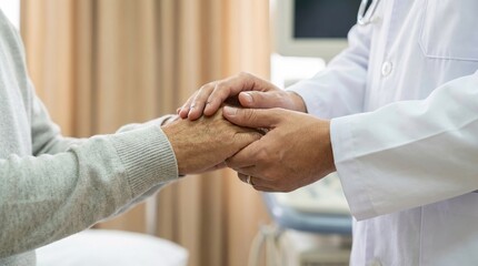 doctor patient hands healthcare support elderly care. Compassionate physician holding senior patient's hand in hospital room providing comfort, medical empathy, and trust during checkup.